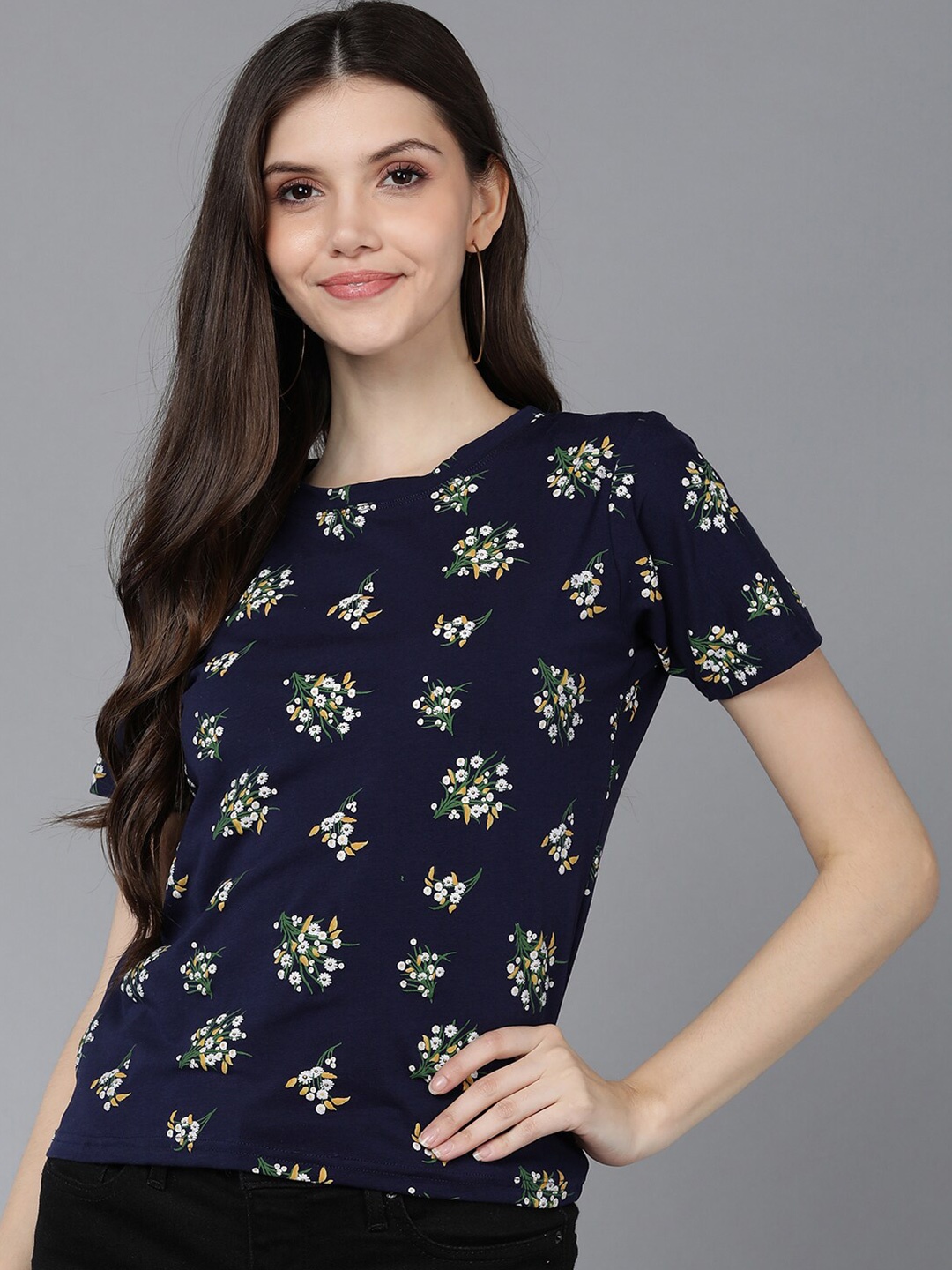 

Mast & Harbour Women Navy Blue & White Floral Printed Cotton T-shirt