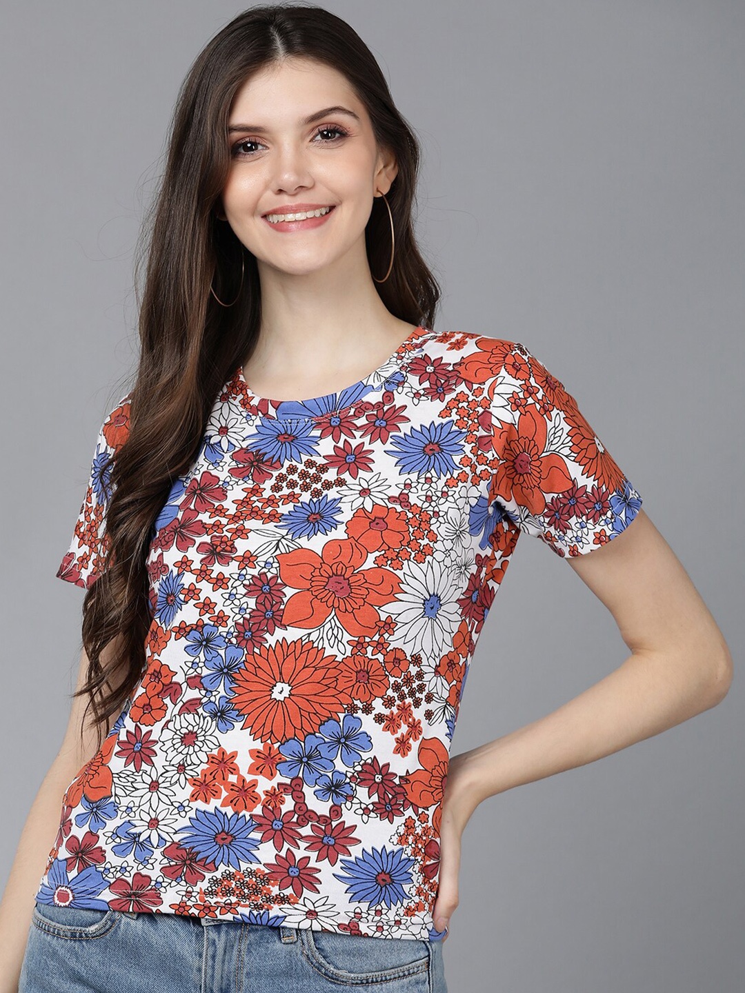 

Mast & Harbour Women White & Orange Floral Printed Cotton T-shirt