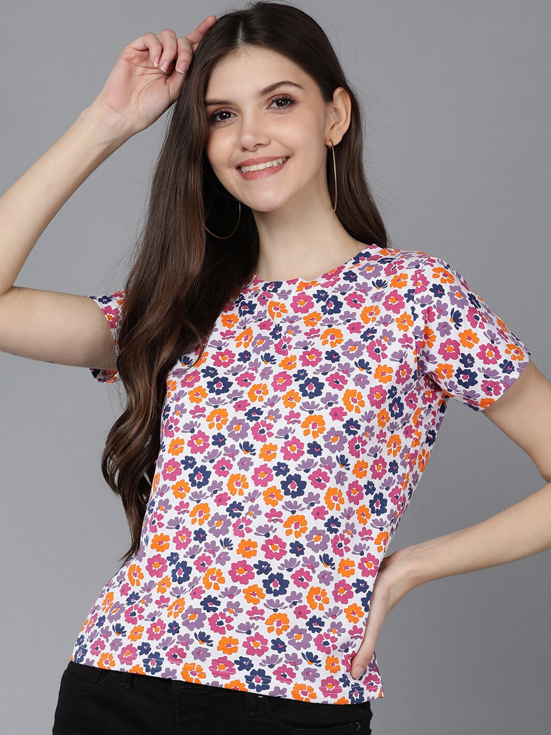 

Mast & Harbour Women White & Orange Floral Printed Cotton T-shirt