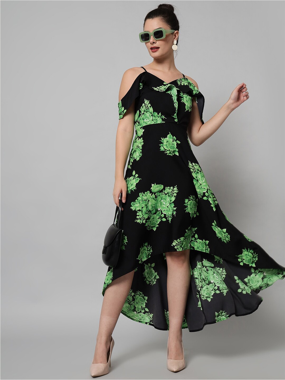 

emeros Black & Green Floral Crepe Maxi Dress