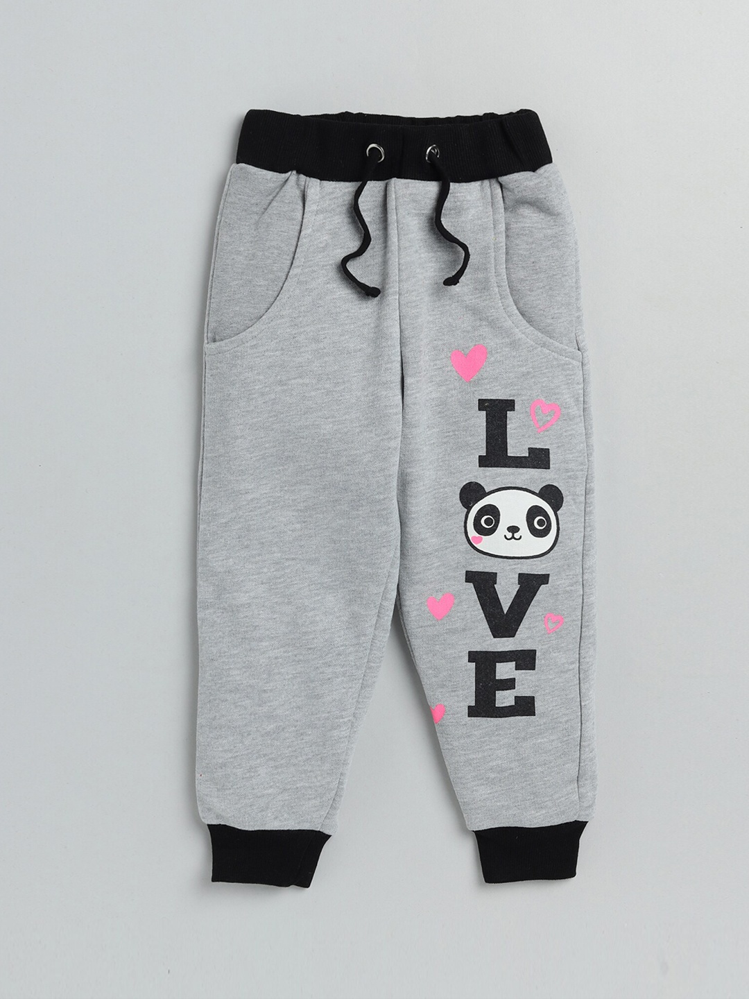 

YK Girls Grey Melange & Black Panda Printed Joggers