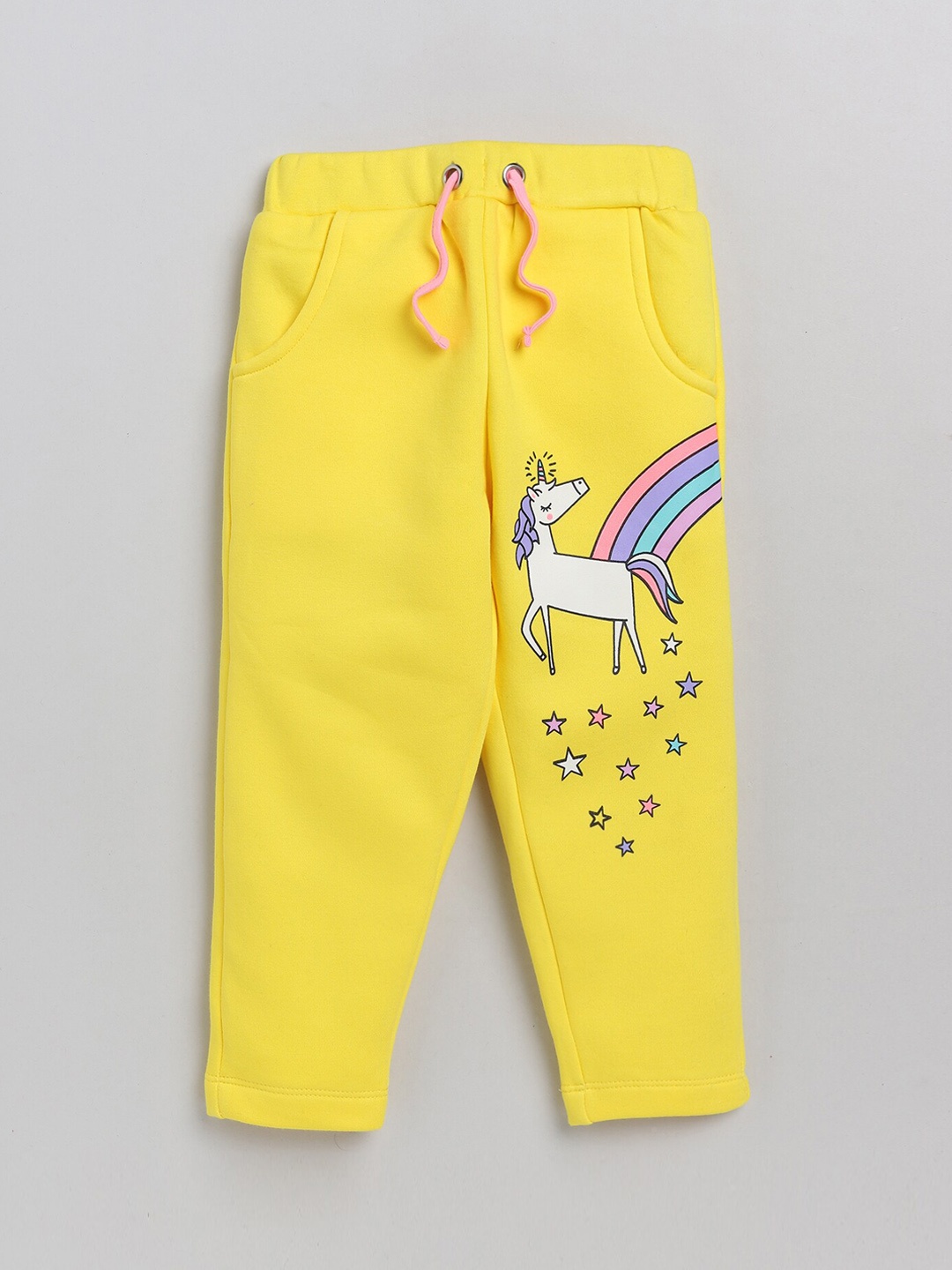 

YK Girls Yellow Unicorn Printed Straight-Fit Track Pants