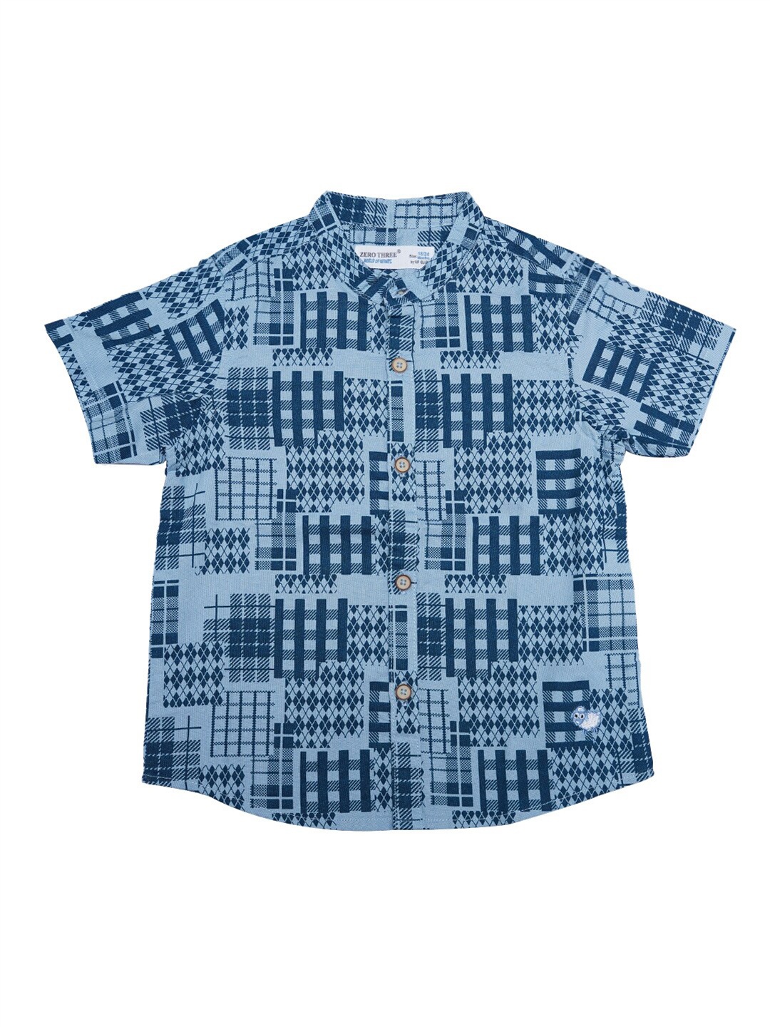 

ZERO THREE Boys Blue Geometric Print Mandarin Collar Custom Fit Cotton Casual Shirt