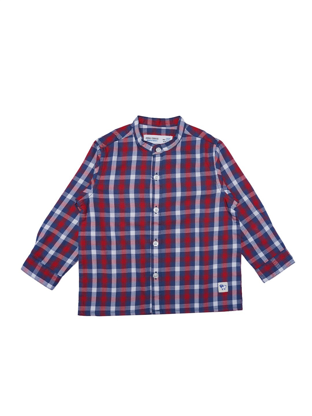 

ZERO THREE Boys Blue And Red Checked Mandarin Collar Custom Fit Cotton Casual Shirt