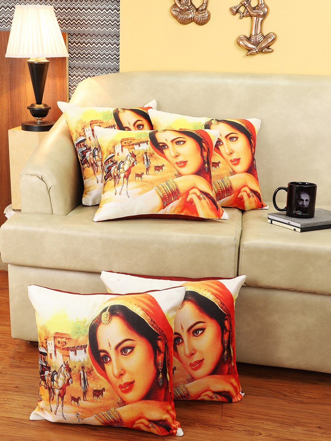 

CDI Set of 5 Ethnic Motifs Square Cushion Covers, Cream