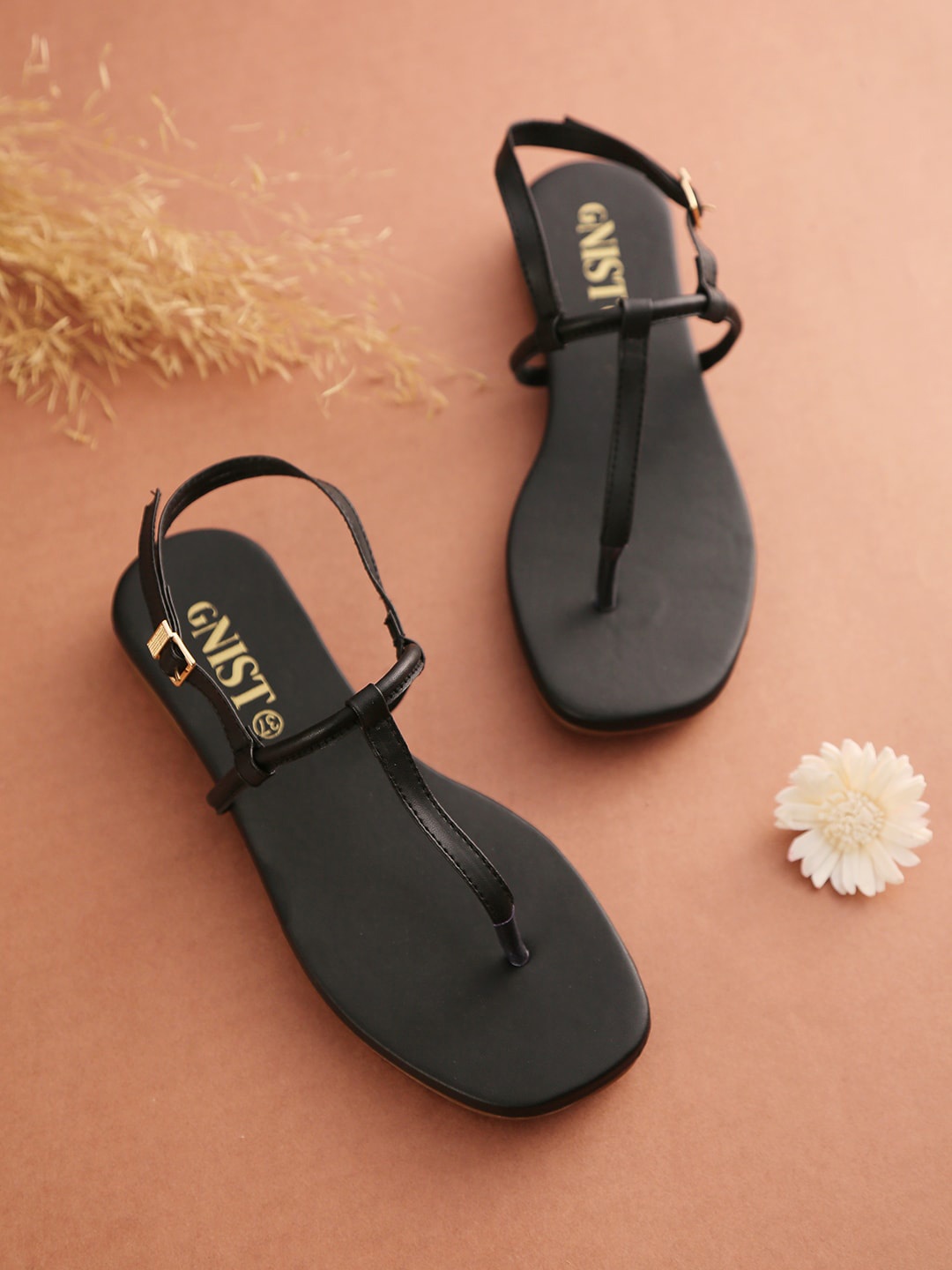 

GNIST Women Black T-Strap Flats with Buckles