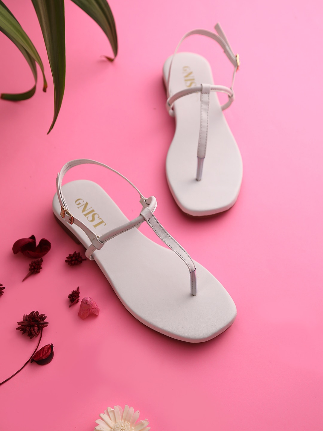 

GNIST Women White T-Strap Flats with Buckles