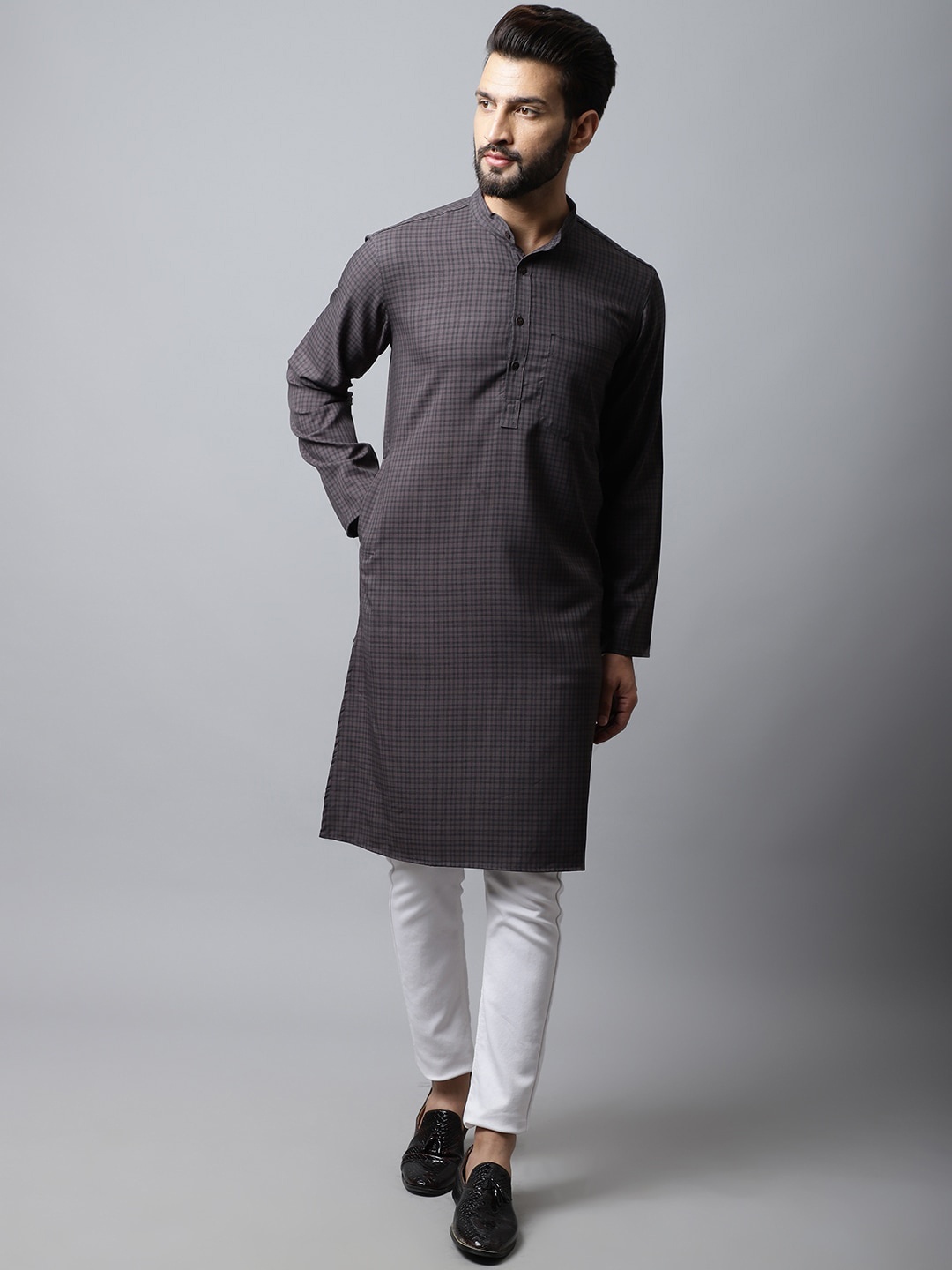 

even Men Black Checked Woven Design Kurta