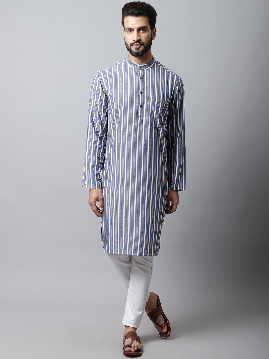 

even Men Blue Striped Thread Work Kurta