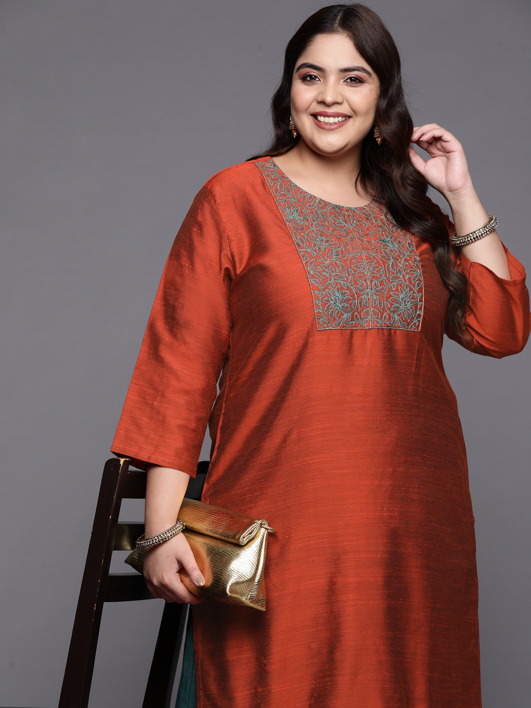

Varanga Plus Size Women Floral Yoke Design Kurta, Rust