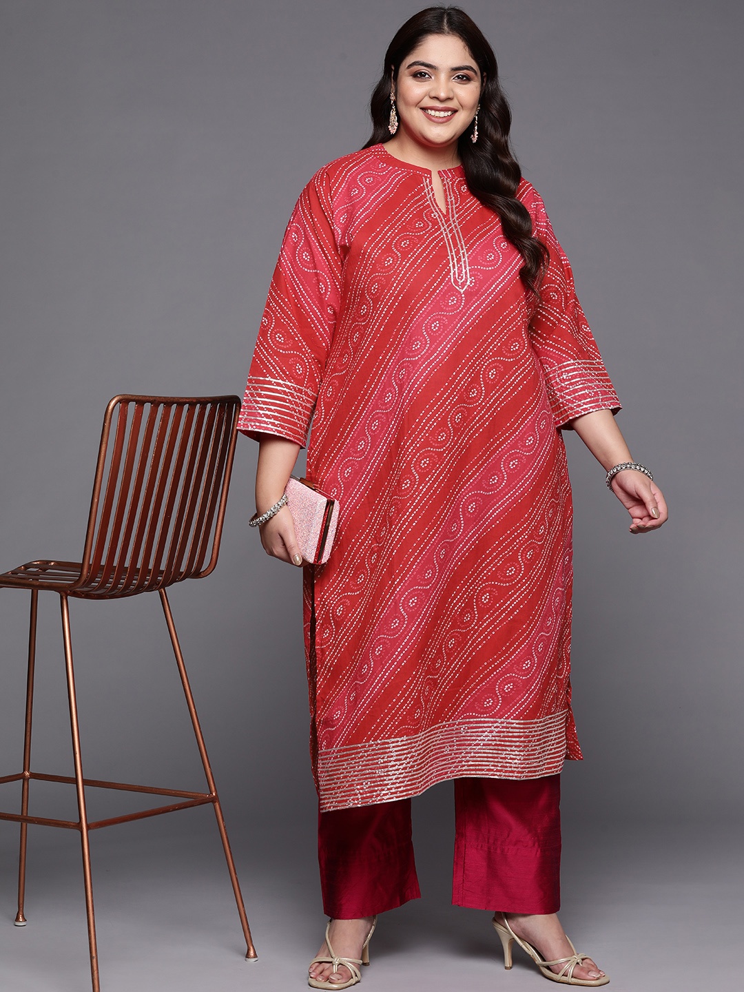 

Varanga Plus Size Women Pure Cotton Bandhani Printed Gotta Patti Kurta, Pink