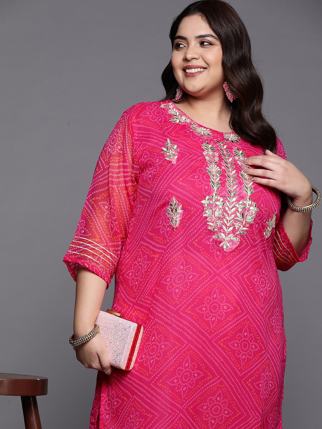 

Varanga Women Plus Size Ethnic Motifs Embroidered Georgette Kurta, Pink