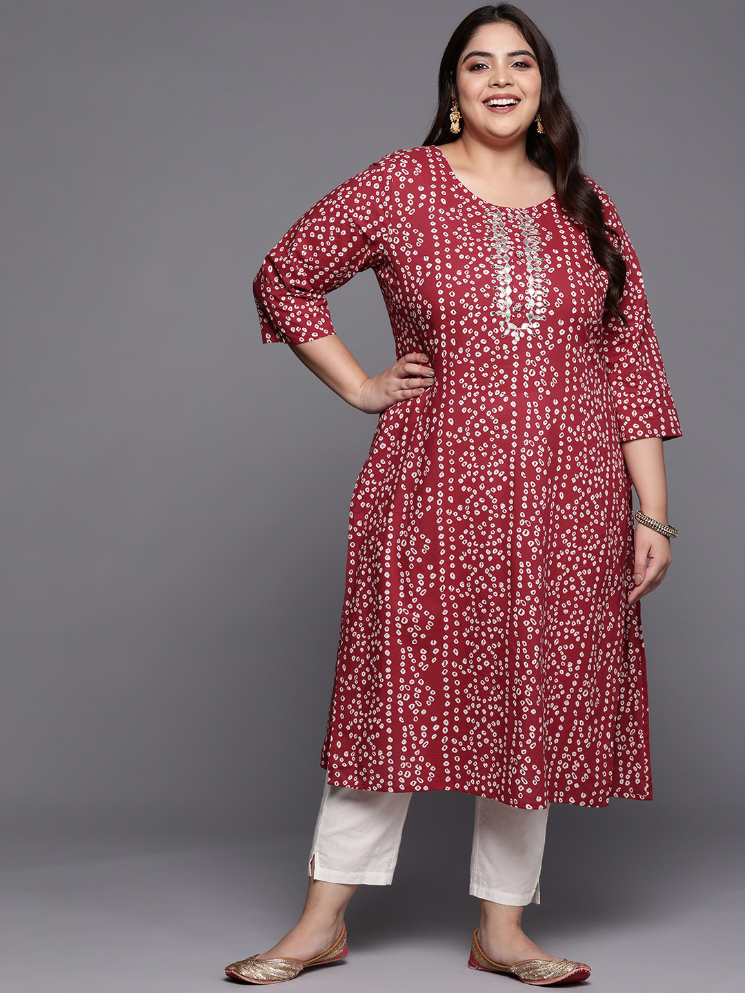 

Varanga Plus Size Women Pure Cotton Bandhani Printed Gotta Patti Kurta, Red