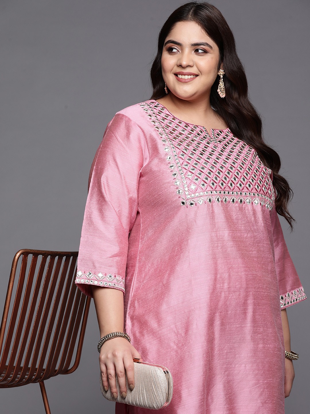 

Varanga Women Plus Size Yoke Design Mirror Work Kurta with Trousers, Pink