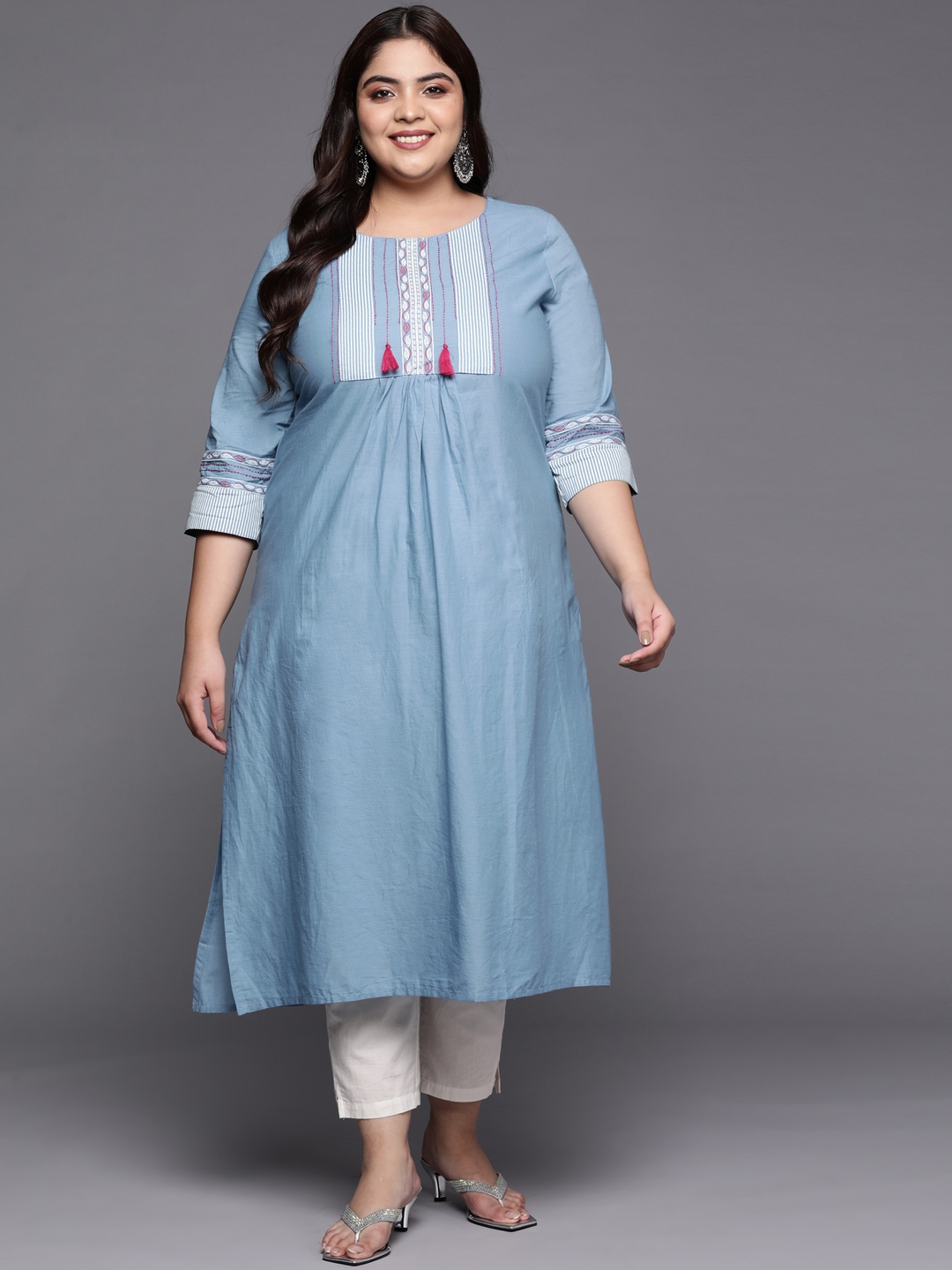 

Varanga Plus Size Women Pure Cotton Striped Yoke Design Kurta, Blue