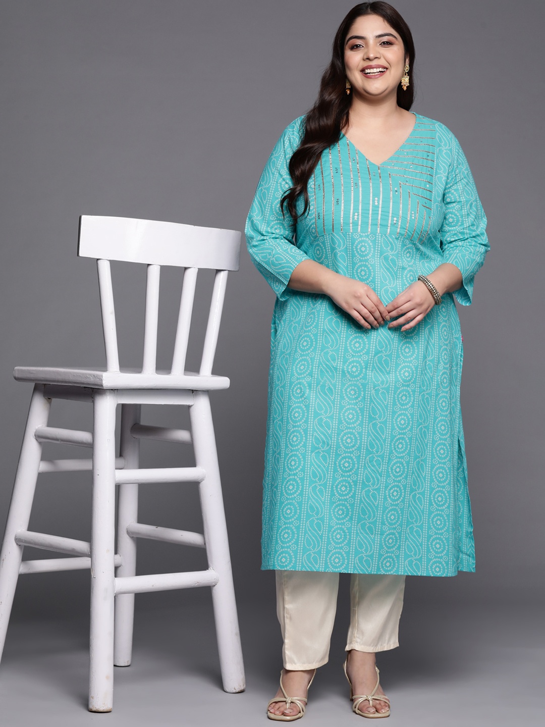 

Varanga Plus Size Women Pure Cotton Bandhani Yoke Design Kurta, Turquoise blue