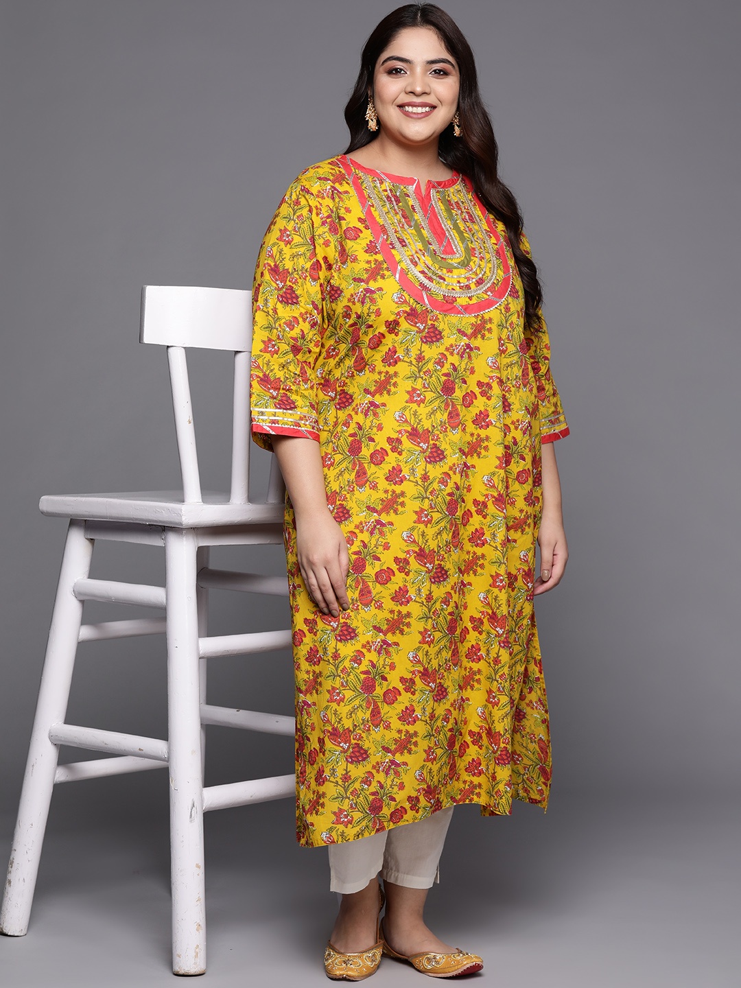 

Varanga Plus Size Women Pure Cotton Floral Printed Gotta Patti Kurta, Yellow