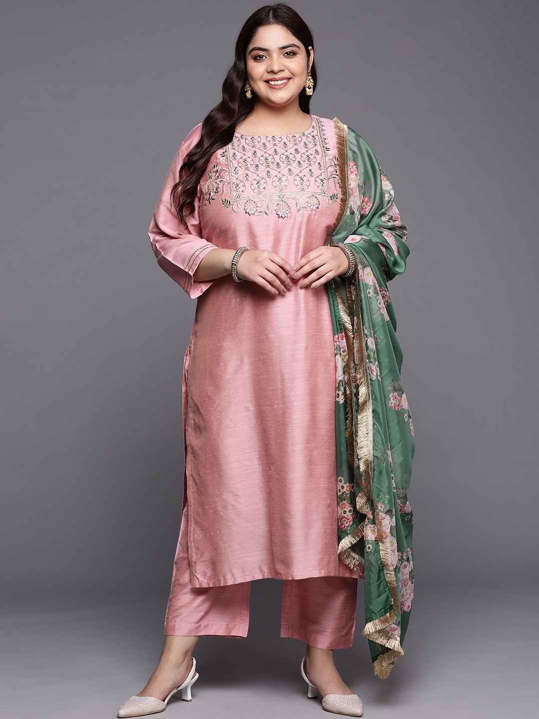 

Varanga Women Plus Size Floral Yoke Design Dupion Silk Kurta with Trousers & Dupatta, Pink