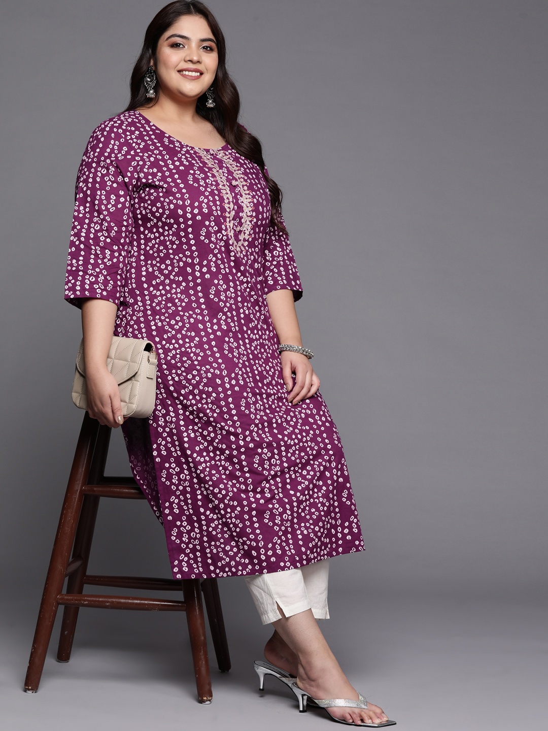 

Varanga Plus Size Women Pure Cotton Bandhani Printed Kurta, Purple