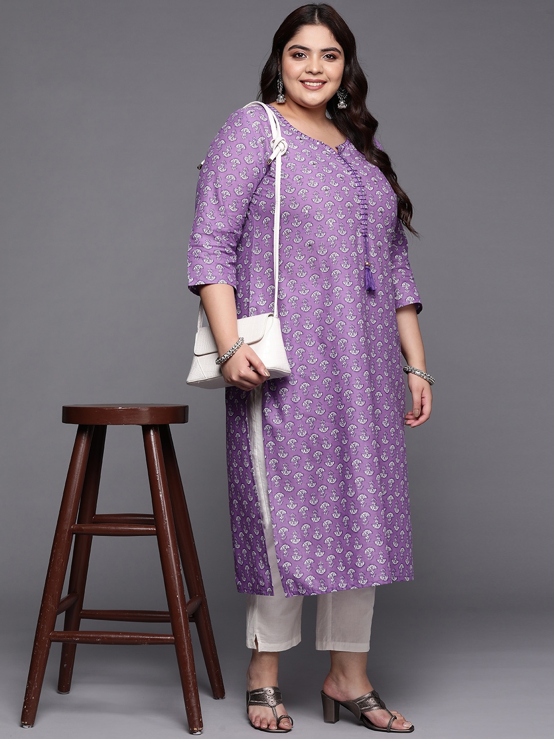 

Varanga Plus Size Women Pure Cotton Ethnic Motifs Printed Thread Work Kurta, Purple