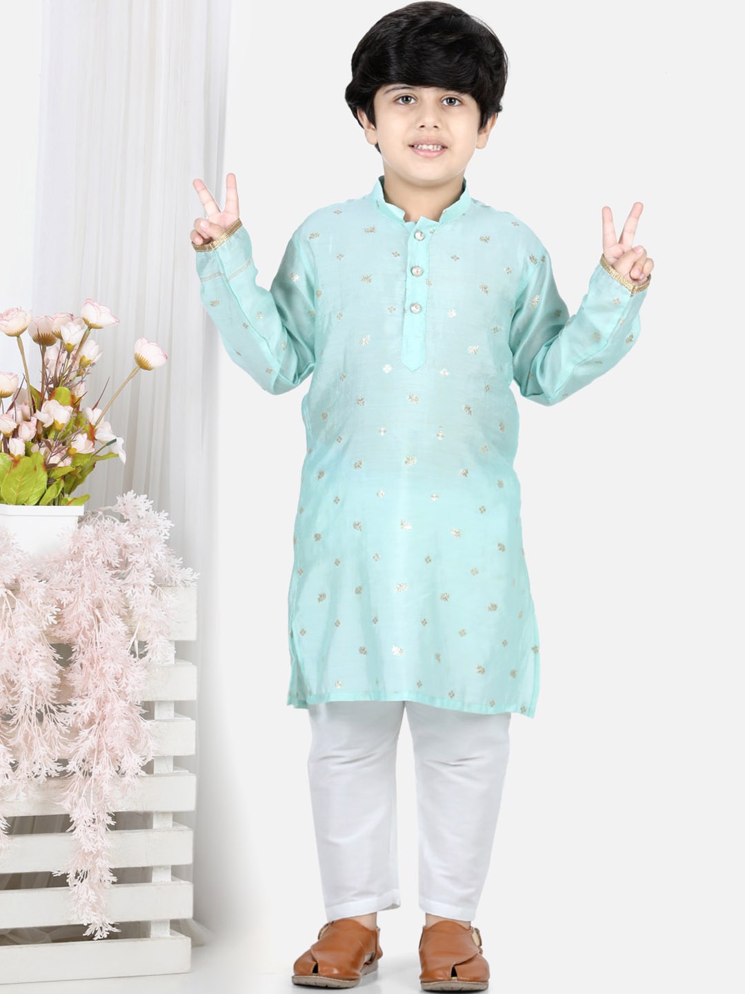 

Here&Now X Kinder Kids Boys Ethnic Motifs Printed Straight Kurta with Pyjamas, Blue