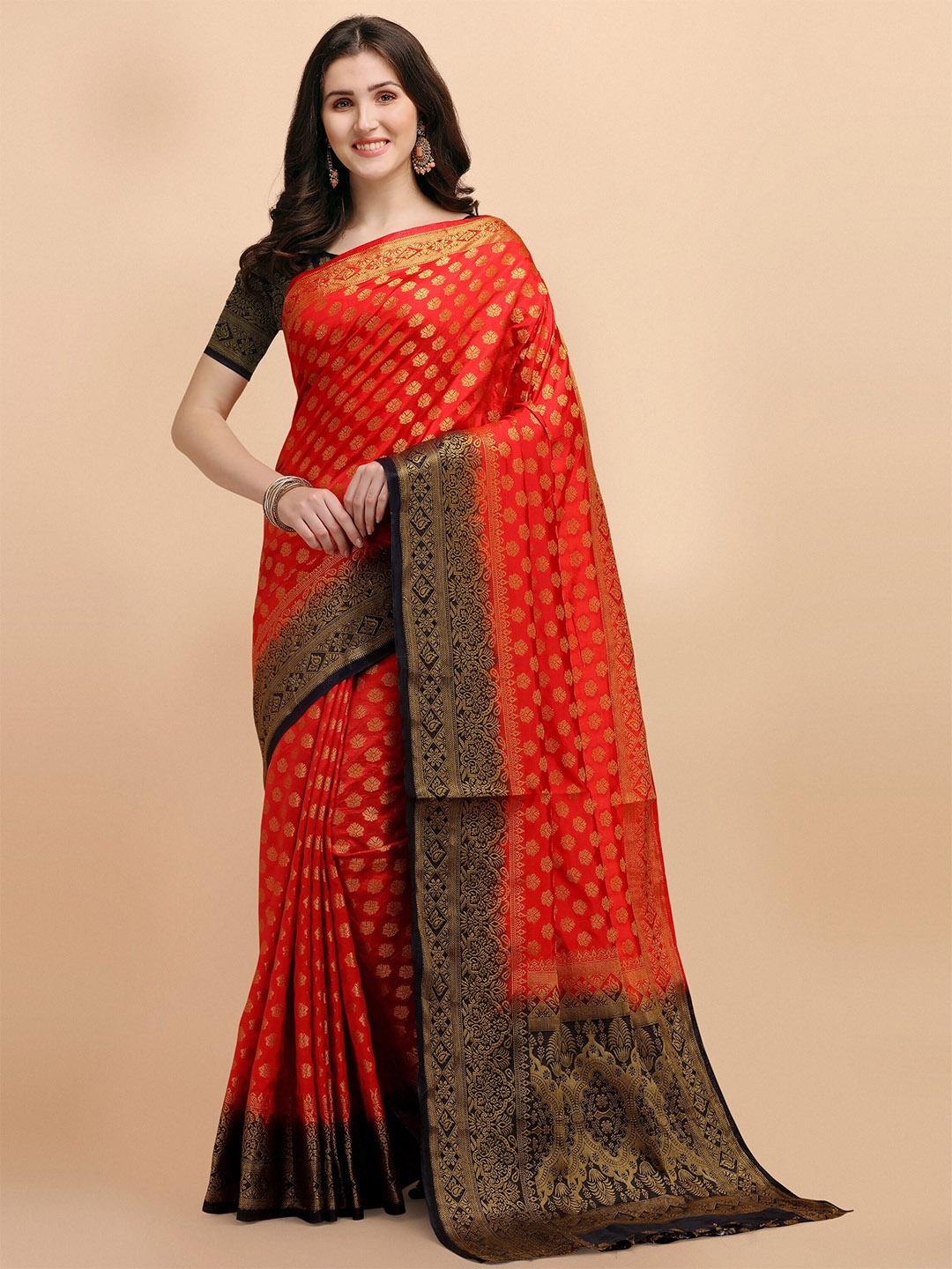 

TEREZA Red & Black Woven Design Zari Pure Silk Banarasi Saree