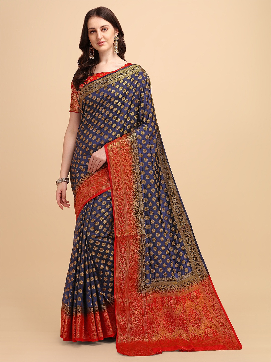 

TEREZA Navy Blue & Red Woven Design Zari Pure Silk Banarasi Saree