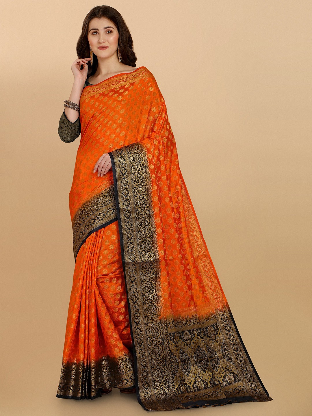 

TEREZA Orange & Black Woven Design Zari Pure Silk Banarasi Saree