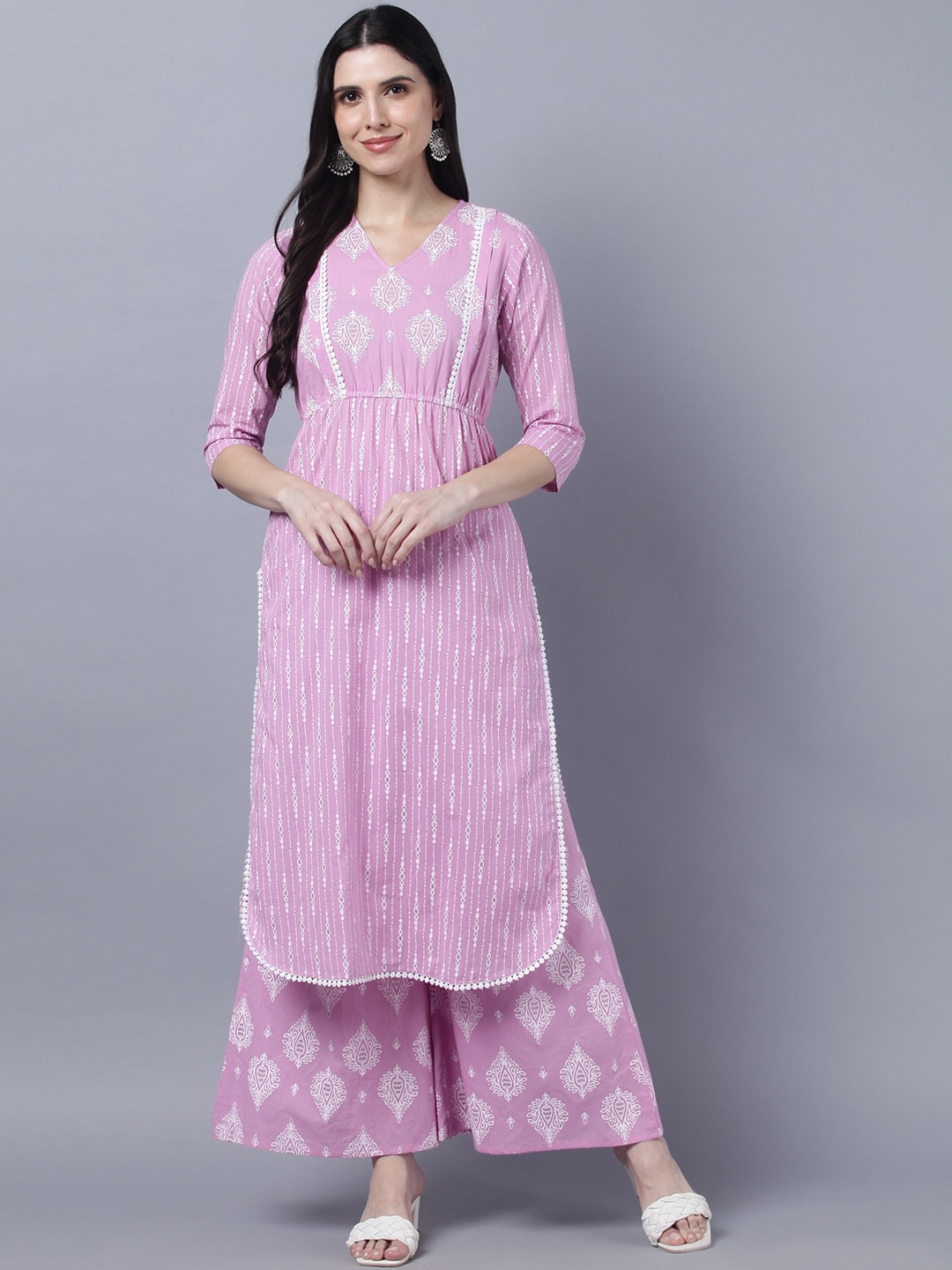 

Myshka Women Ethnic Motifs Printed Empire Pure Cotton Kurta with Sharara, Pink