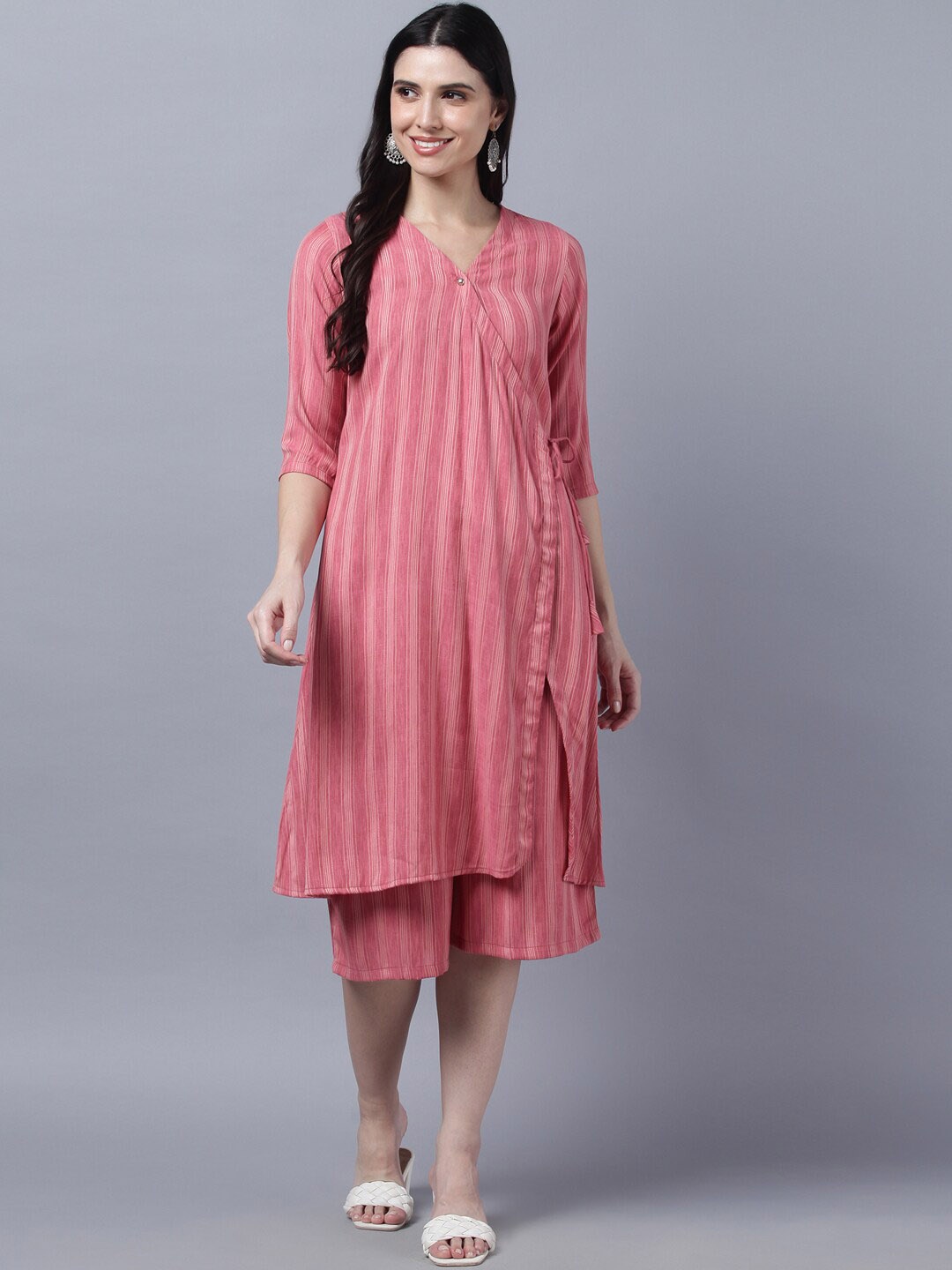 

Myshka Women Striped Angrakha Pure Cotton Kurta with Palazzo, Pink