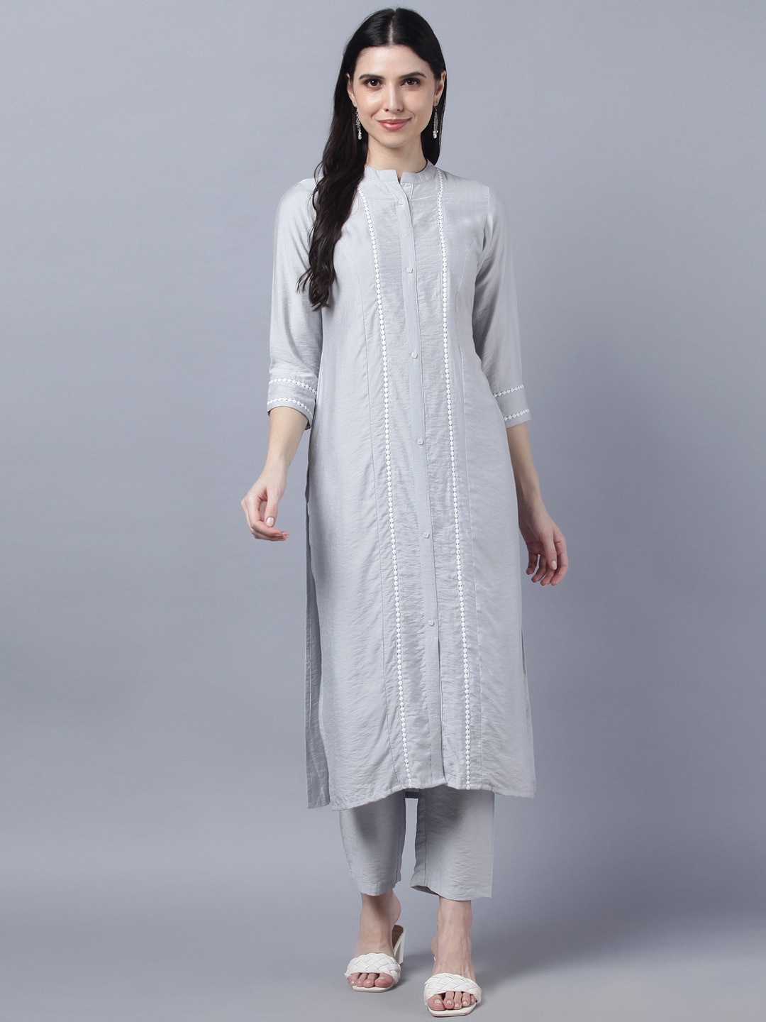 

Myshka Women Grey Striped Panelled Kurti with Trousers