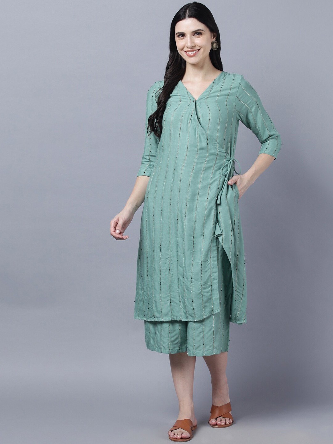 

Myshka Women Embroidered Angrakha Beads and Stones Pure Cotton Kurta with Trousers, Green