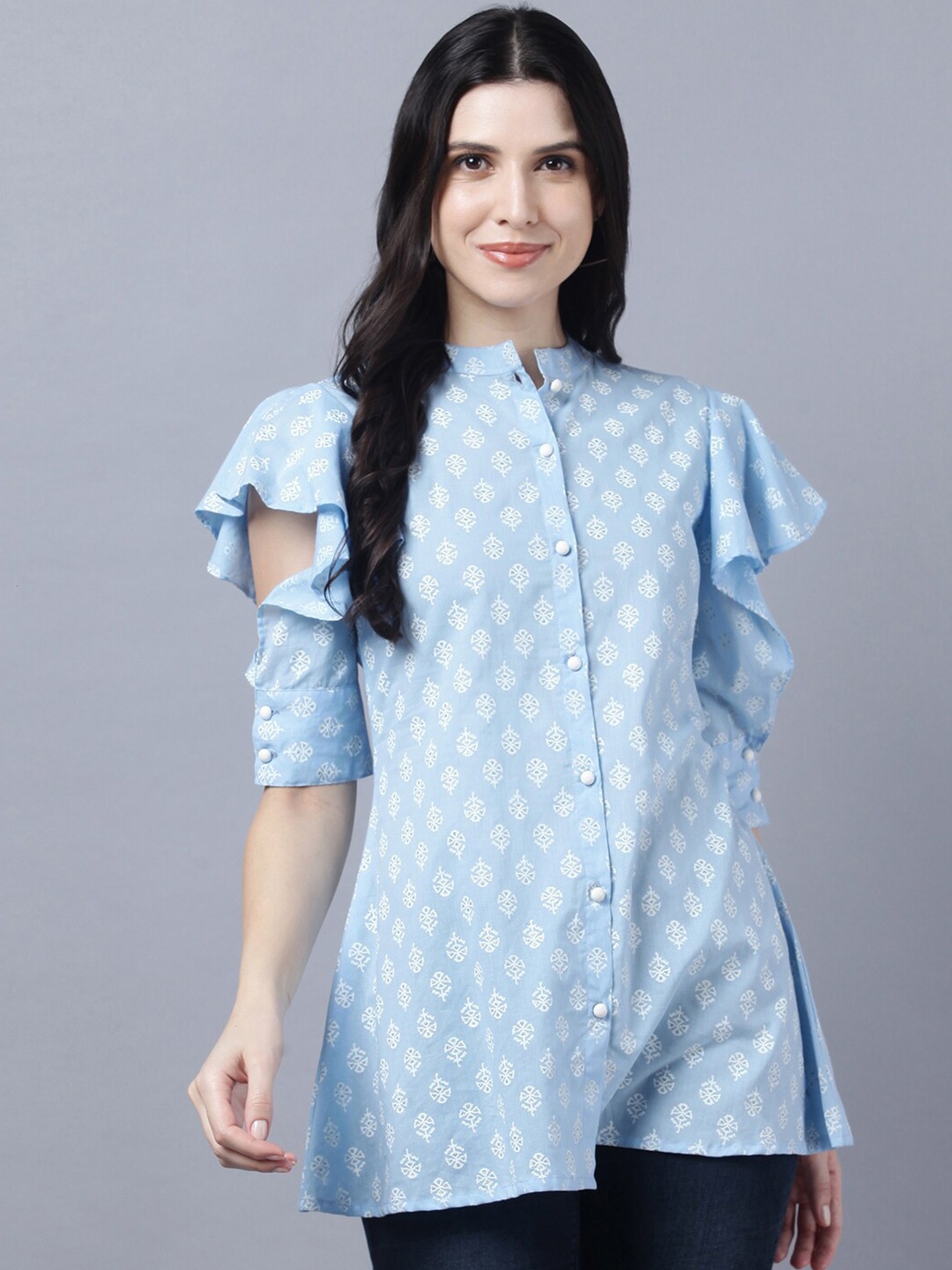 

Myshka Women Blue & White Print Mandarin Collar Shirt Style Top