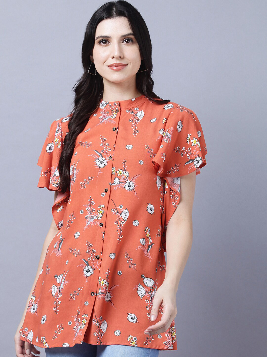 

Myshka Women Orange Floral Print Mandarin Collar Top