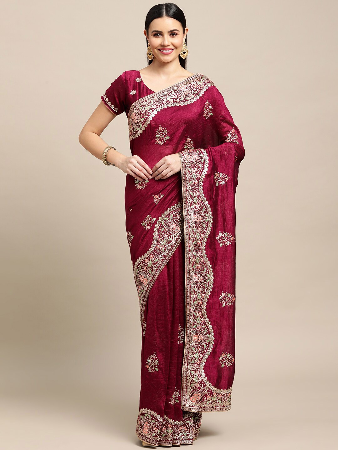 

Warthy Ent Purple & Gold-Toned Embellished Embroidered Saree