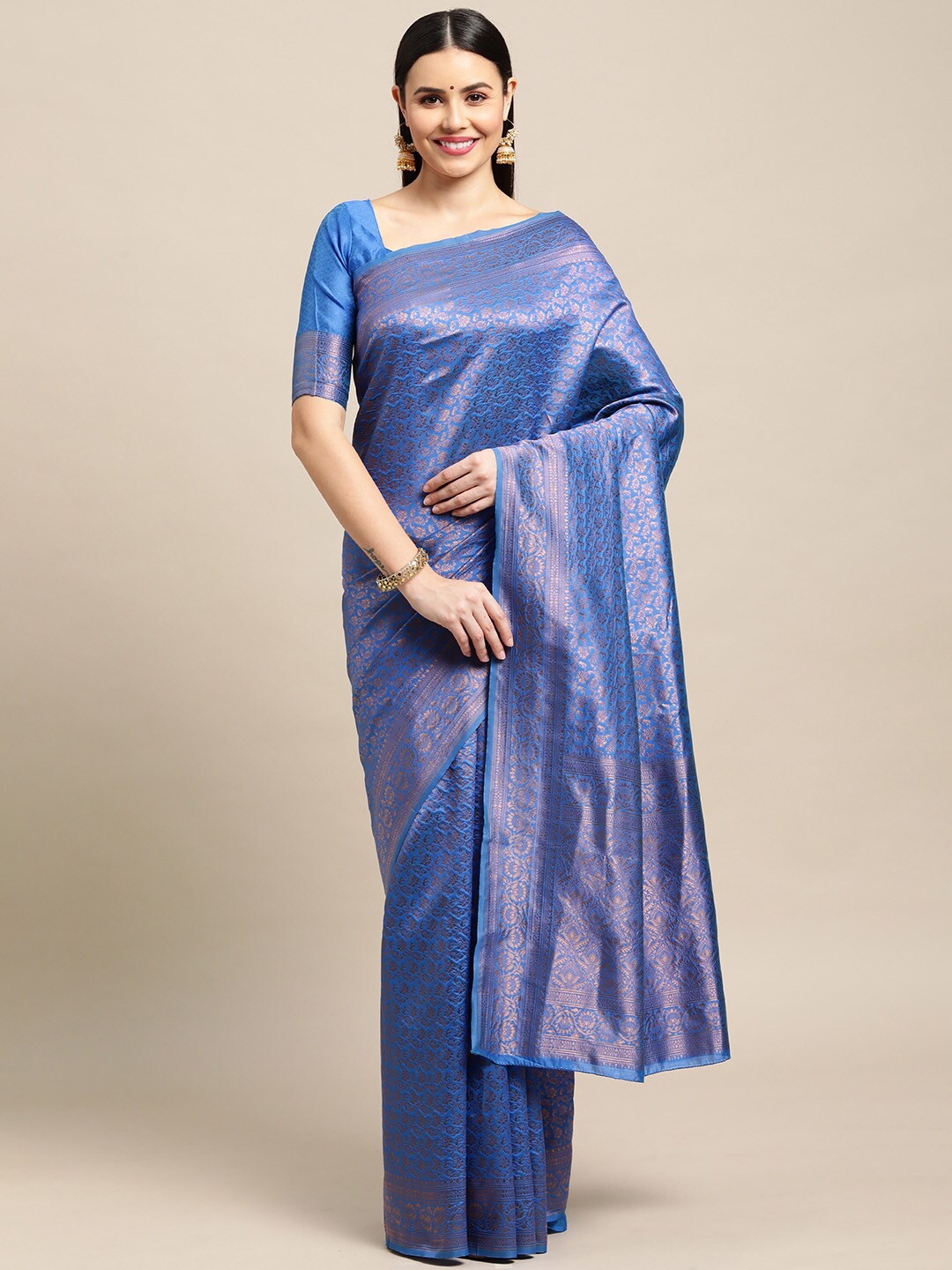 

Warthy Ent Blue & Gold-Toned Ethnic Motifs Zari Silk Blend Saree