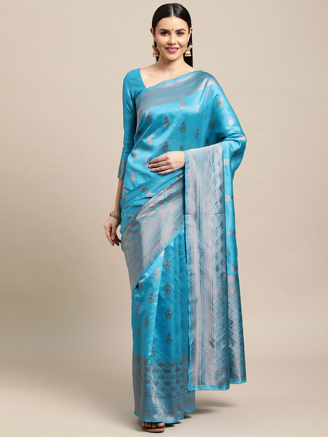 

Warthy Ent Turquoise Blue & Gold-Toned Ethnic Motifs Zari Silk Blend Saree