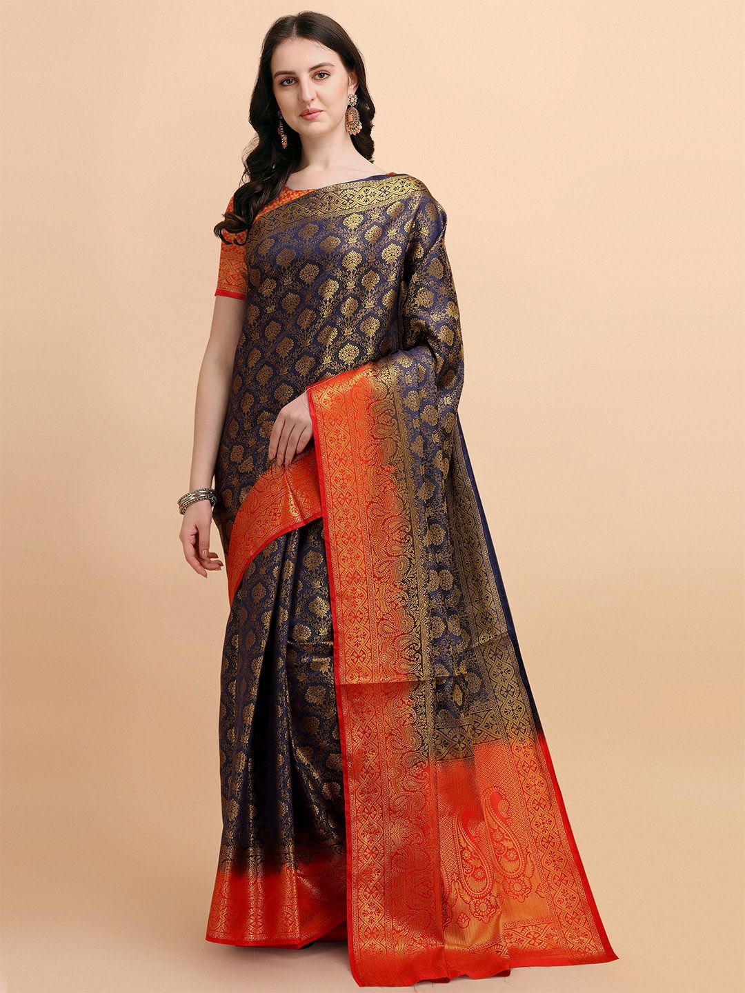 

TEREZA Navy Blue & Orange Ethnic Motifs Zari Pure Silk Banarasi Saree