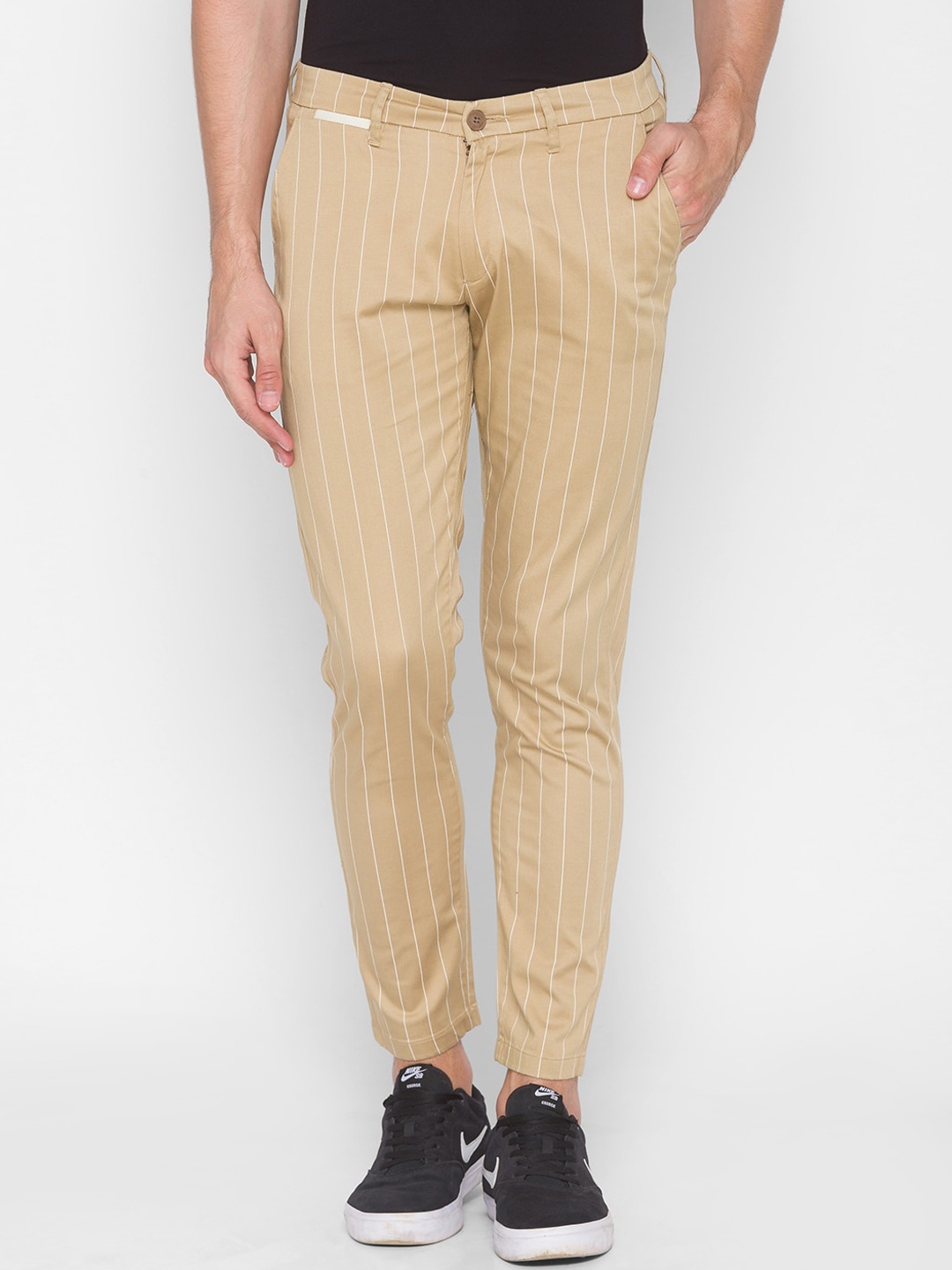 

SPYKAR Men Khaki Textured Striped Slim Fit Cotton Trouser