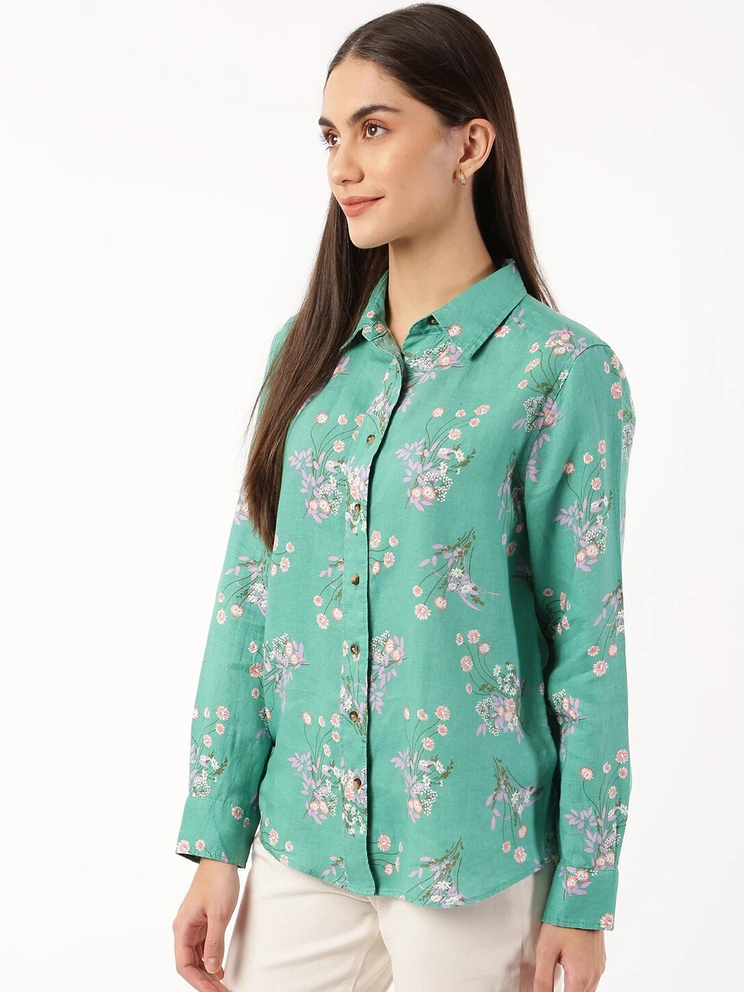 

Marks & Spencer Women Green Floral Printed Pure Linen Casual Shirt