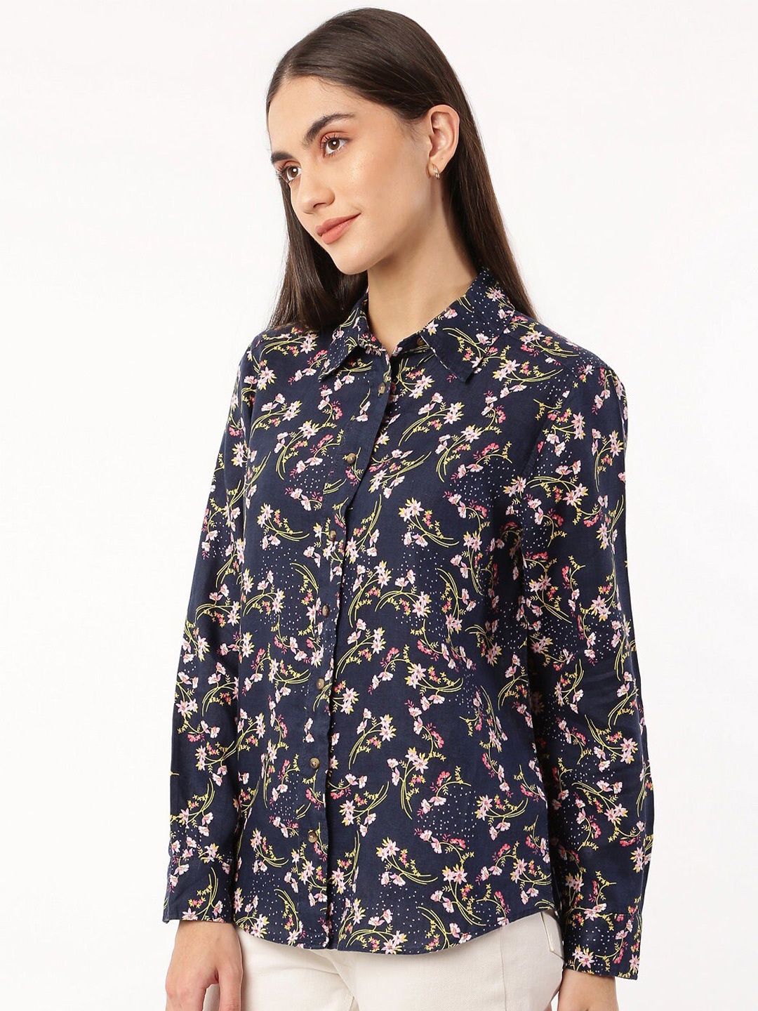 

Marks & Spencer Women Navy Blue Floral Printed Pure Linen Casual Shirt