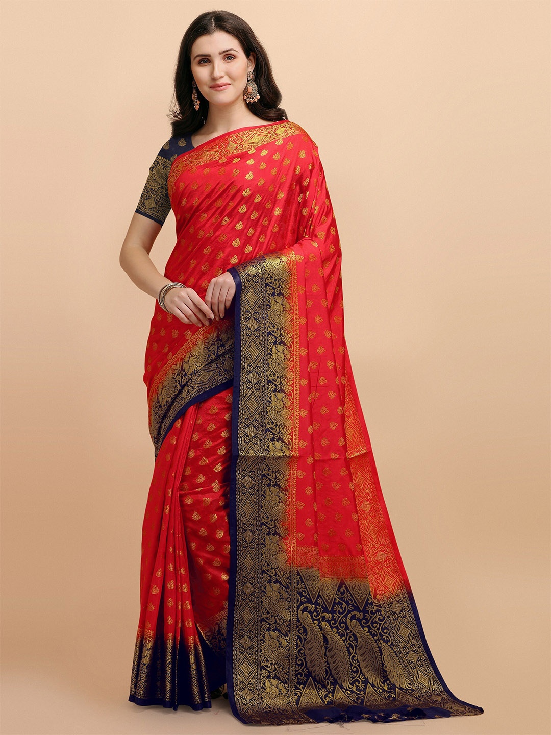 

TEREZA Red & Navy Blue Ethnic Motifs Zari Pure Silk Banarasi Saree