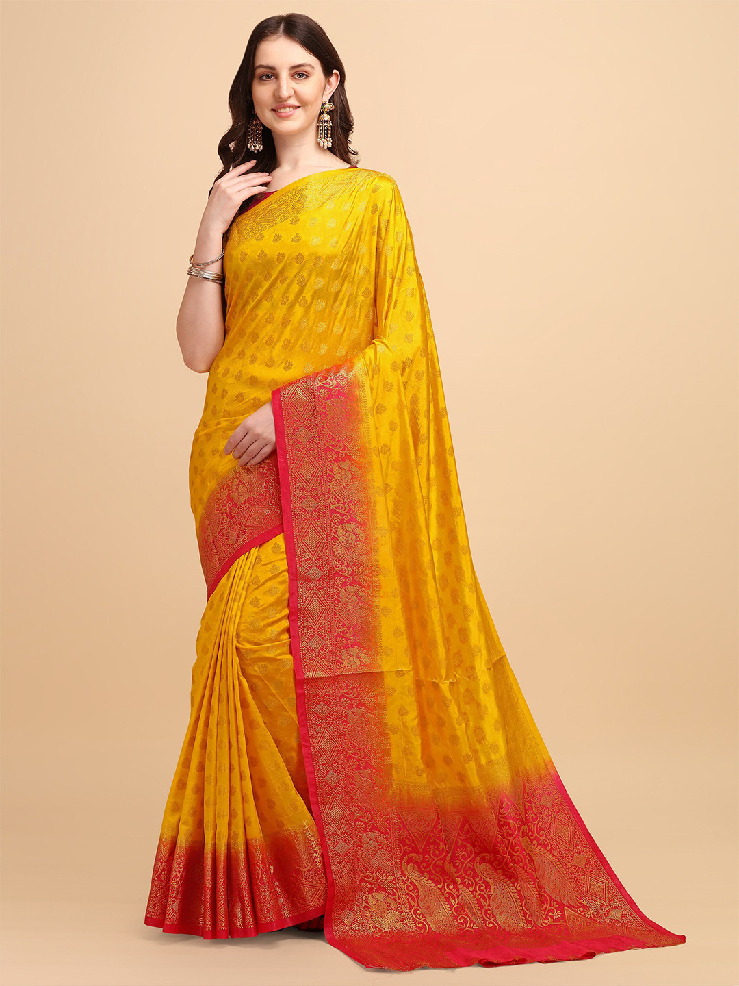 

TEREZA Yellow & Red Woven Design Zari Pure Silk Banarasi Saree