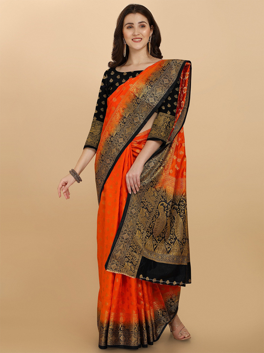 

TEREZA Orange & Black Ethnic Motifs Zari Pure Silk Banarasi Saree