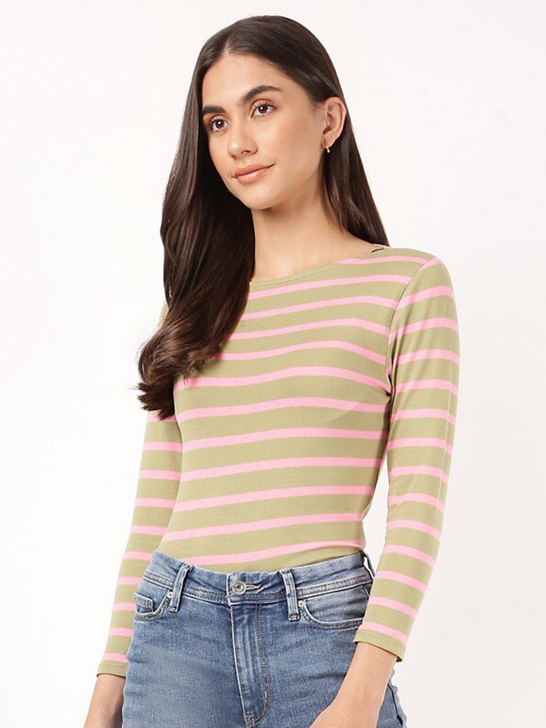 

Marks & Spencer Women Green & Pink Striped Cotton T-shirt