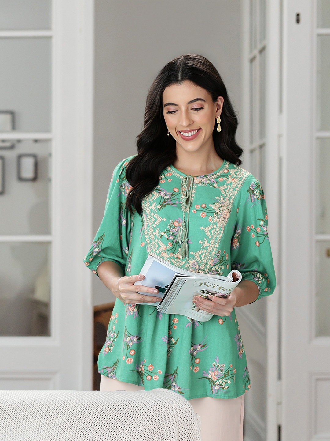 

Marks & Spencer Women Green Floral Print Tie-Up Neck Linen Top