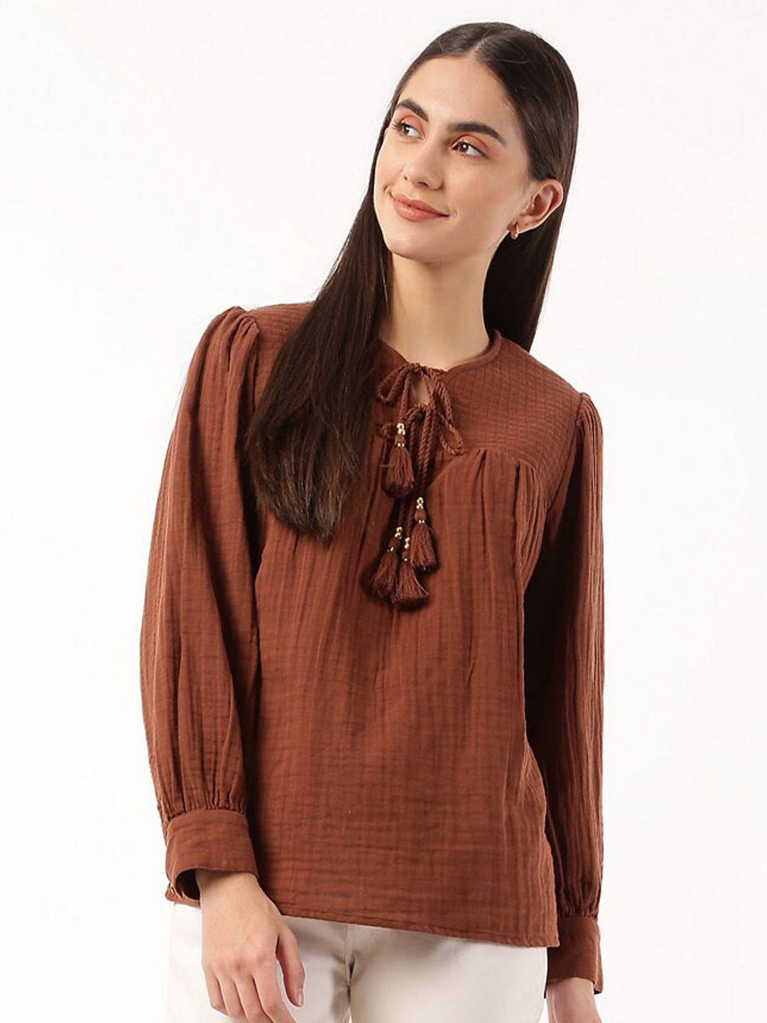 

Marks & Spencer Women Brown Tie-Up Neck Puff Sleeves Top