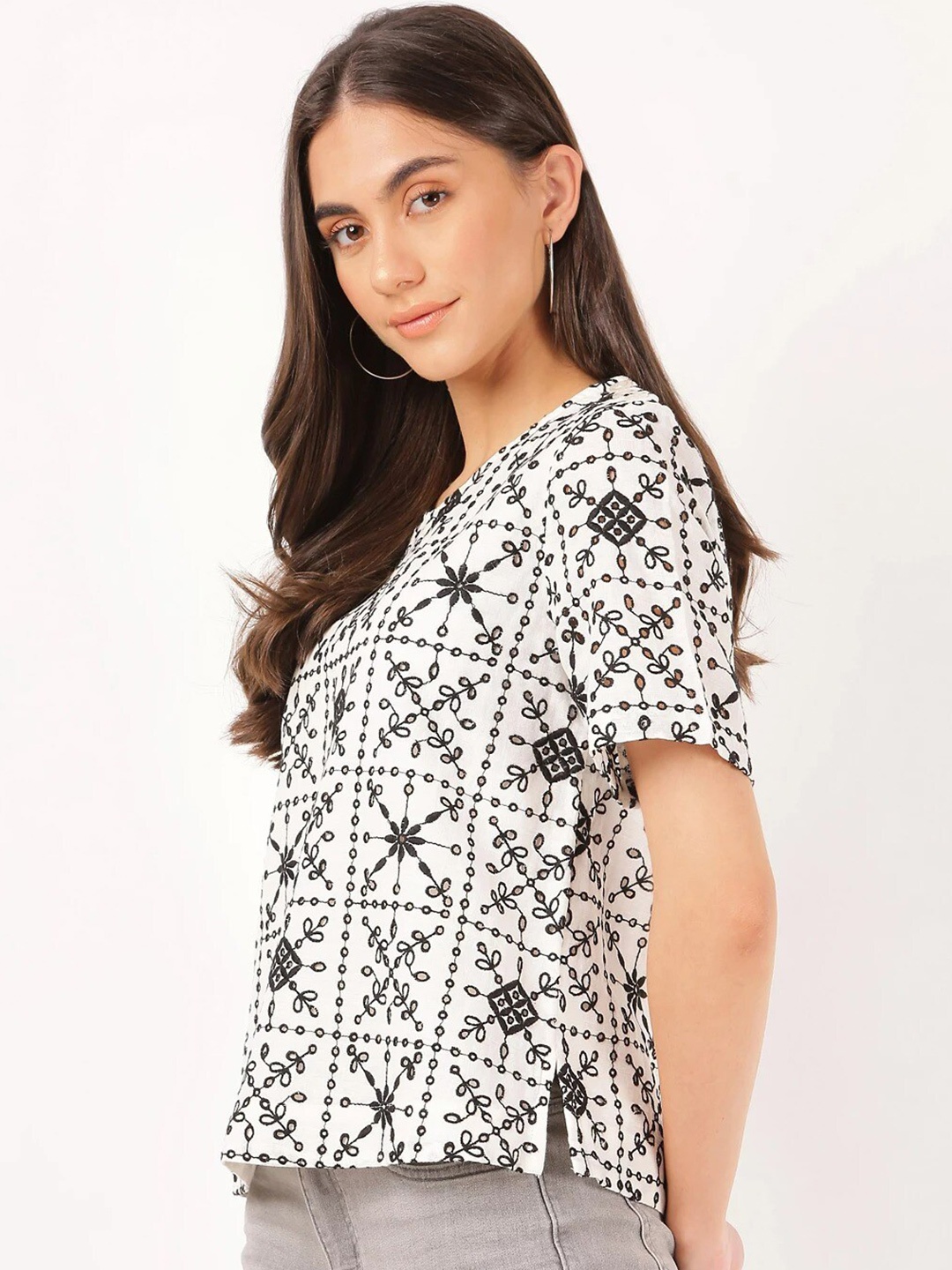 

Marks & Spencer Women White & Black Print Linen Top
