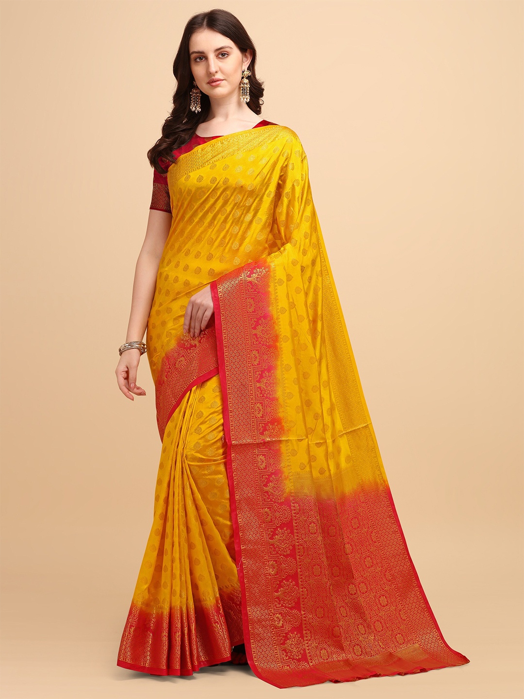 

TEREZA Yellow & Maroon Ethnic Motifs Zari Pure Silk Banarasi Saree