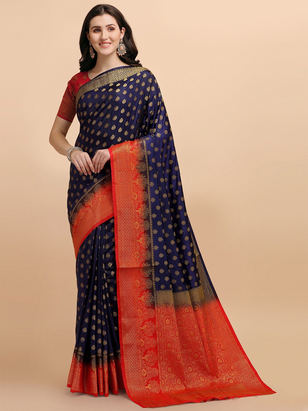 

TEREZA Navy Blue & Red Ethnic Motifs Zari Pure Silk Banarasi Saree